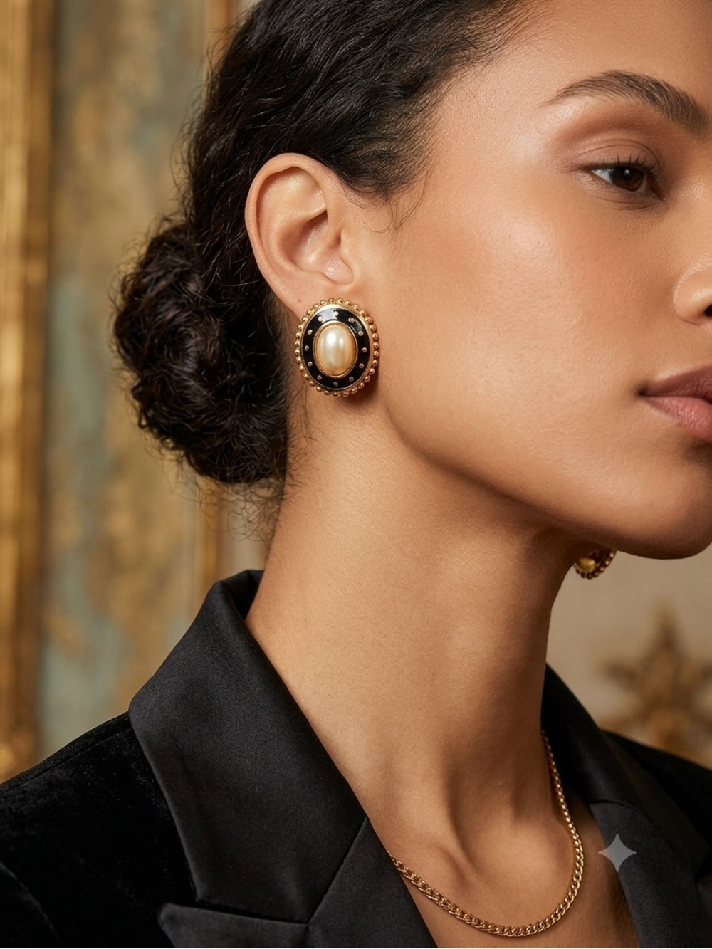 1980’s Vintage Burberry Gold-Tone Black Enamel Faux Pearl Center Earrings